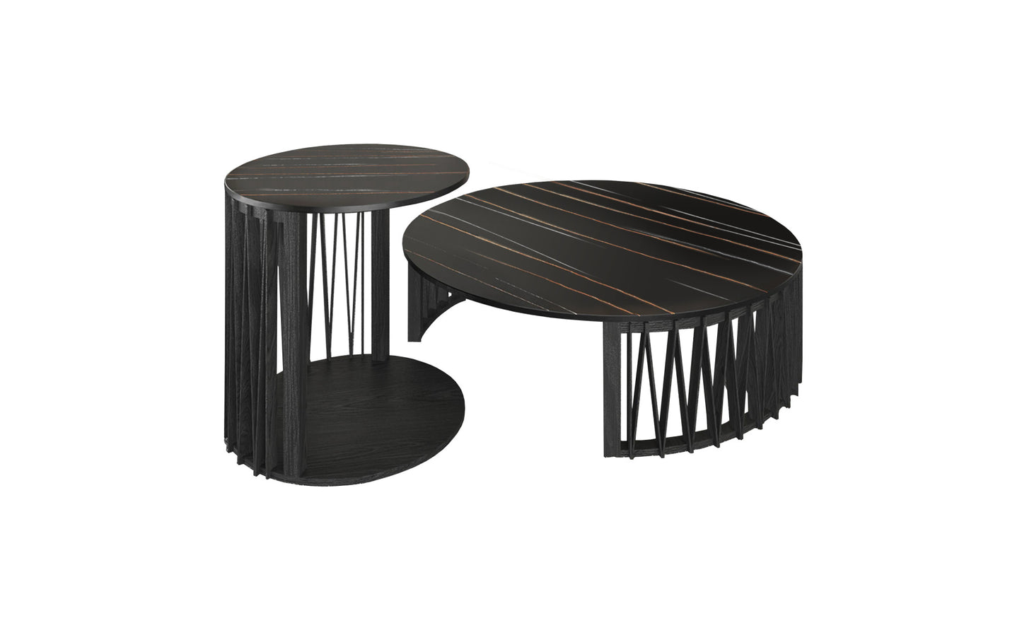 35" Black Marble And Solid Wood Round Nested Coffee Tables