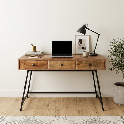 47" Natural and Black Solid Wood Writing Desk With Three Drawers