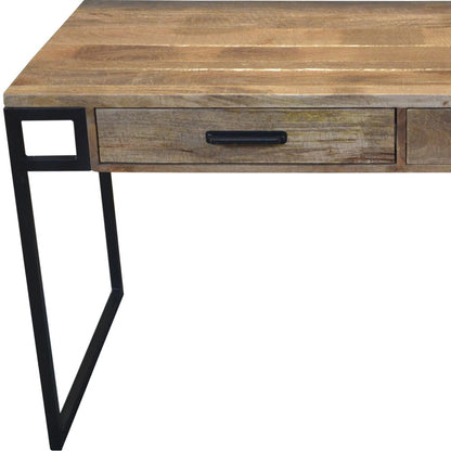 60" Natural and Black Solid Wood Writing Desk With Two Drawers