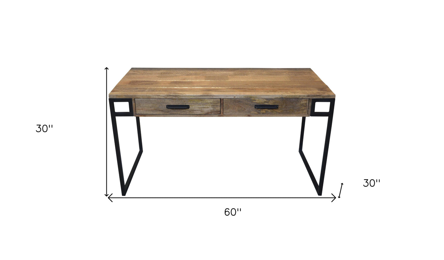 60" Natural and Black Solid Wood Writing Desk With Two Drawers