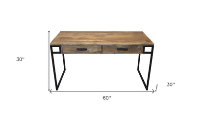 60" Natural and Black Solid Wood Writing Desk With Two Drawers