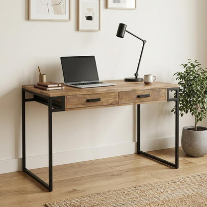 60" Natural and Black Solid Wood Writing Desk With Two Drawers