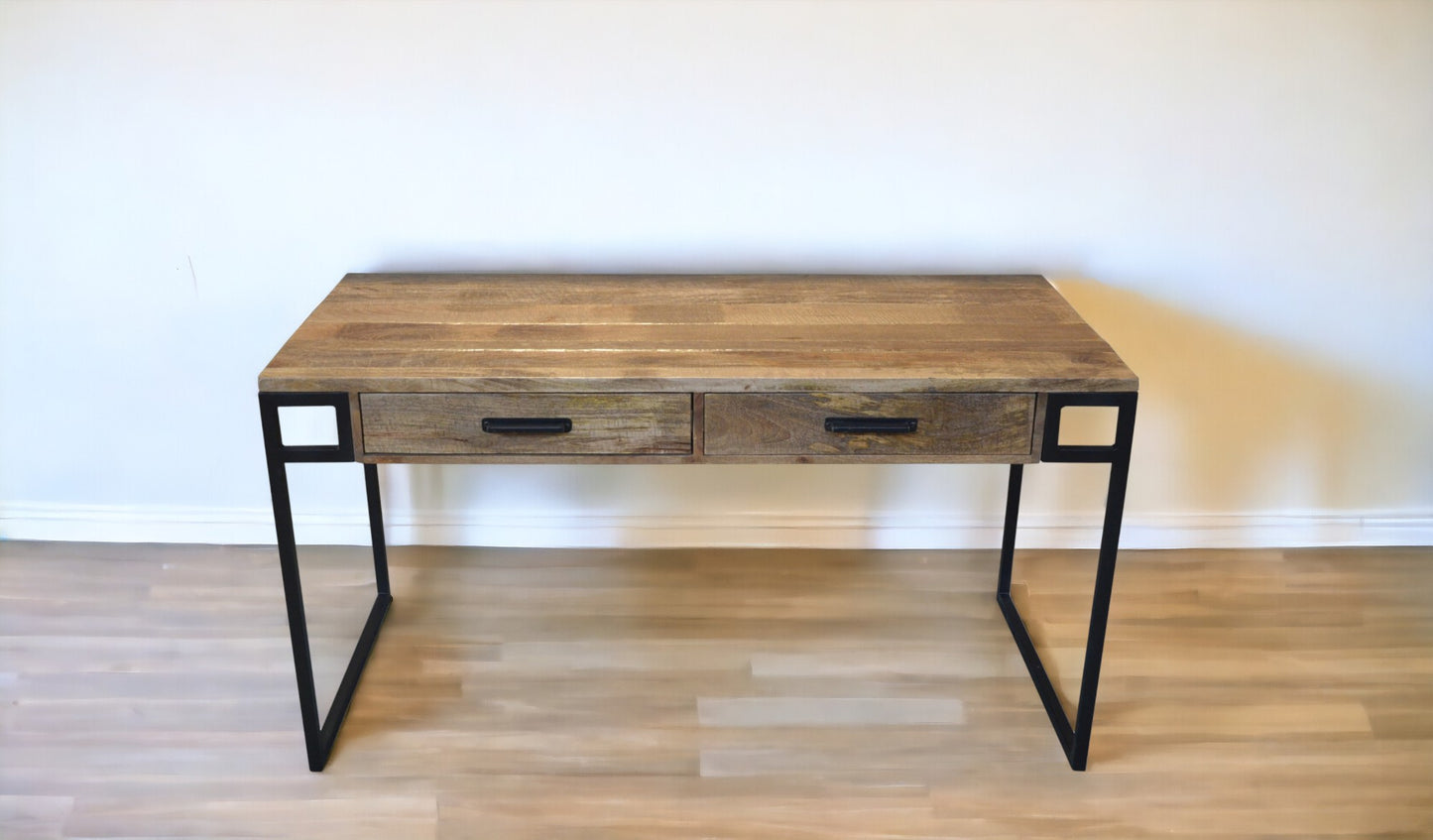 60" Natural and Black Solid Wood Writing Desk With Two Drawers