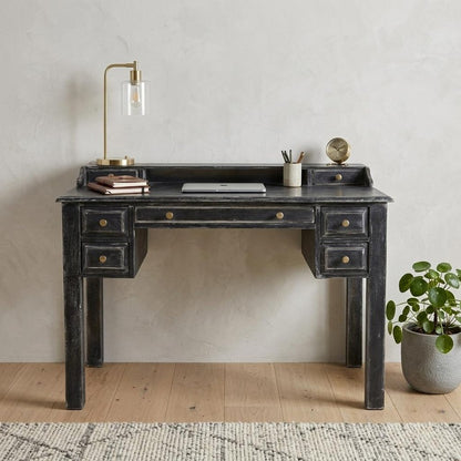 46" Black Solid Wood Writing Desk With Seven Drawers