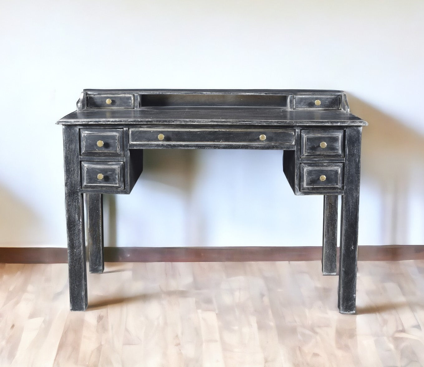 46" Black Solid Wood Writing Desk With Seven Drawers