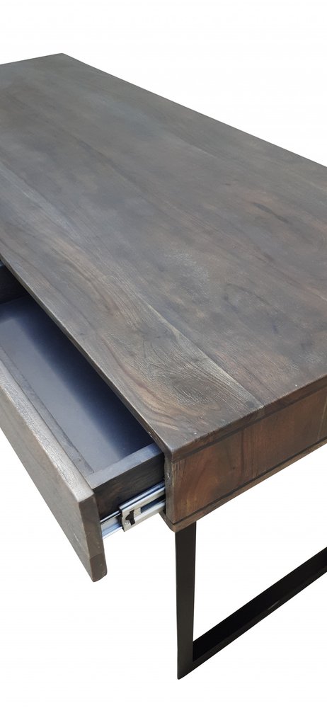58" Gray and Black Solid Wood and Iron Sled Writing Desk With Three Drawers