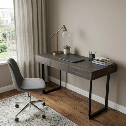 58" Gray and Black Solid Wood and Iron Sled Writing Desk With Three Drawers
