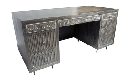 64" Brown and Silver Solid Wood Executive Desk With Five Drawers