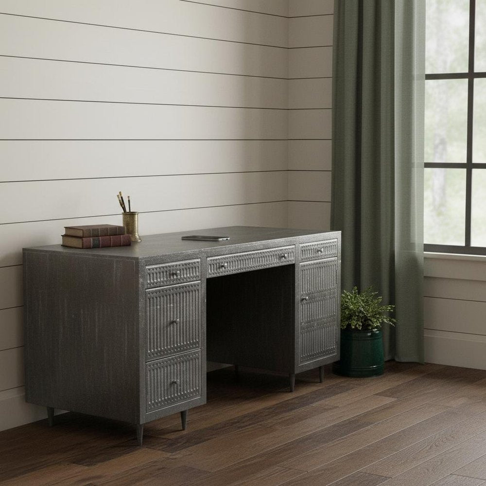 64" Brown and Silver Solid Wood Executive Desk With Five Drawers