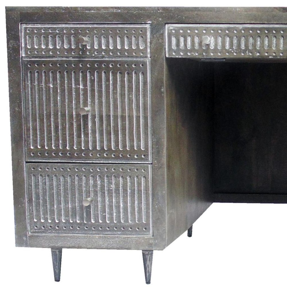 64" Brown and Silver Solid Wood Executive Desk With Five Drawers