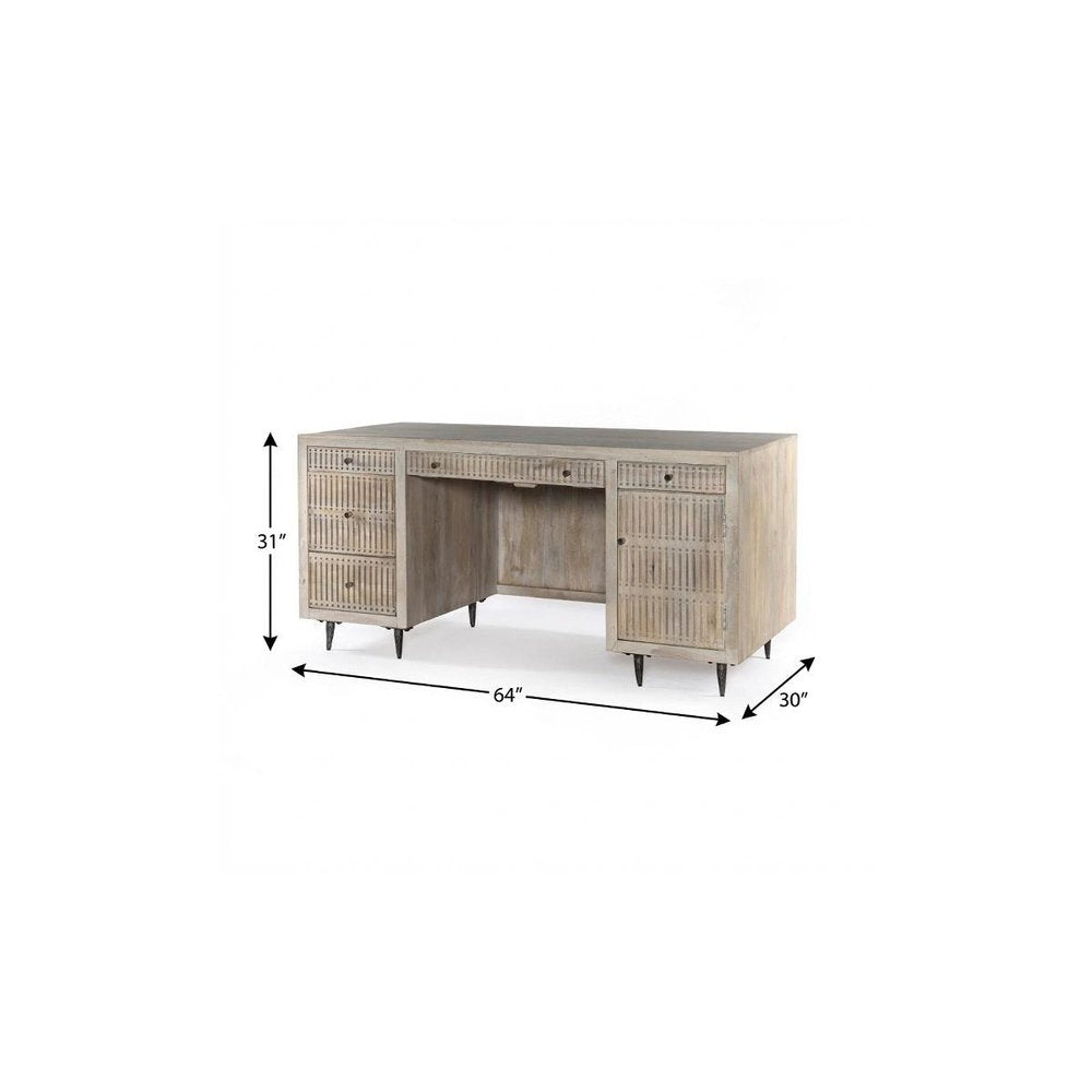 64" Ivory and Silver Solid Wood Executive Desk With Five Drawers