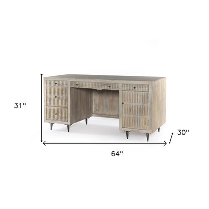 64" Ivory and Silver Solid Wood Executive Desk With Five Drawers