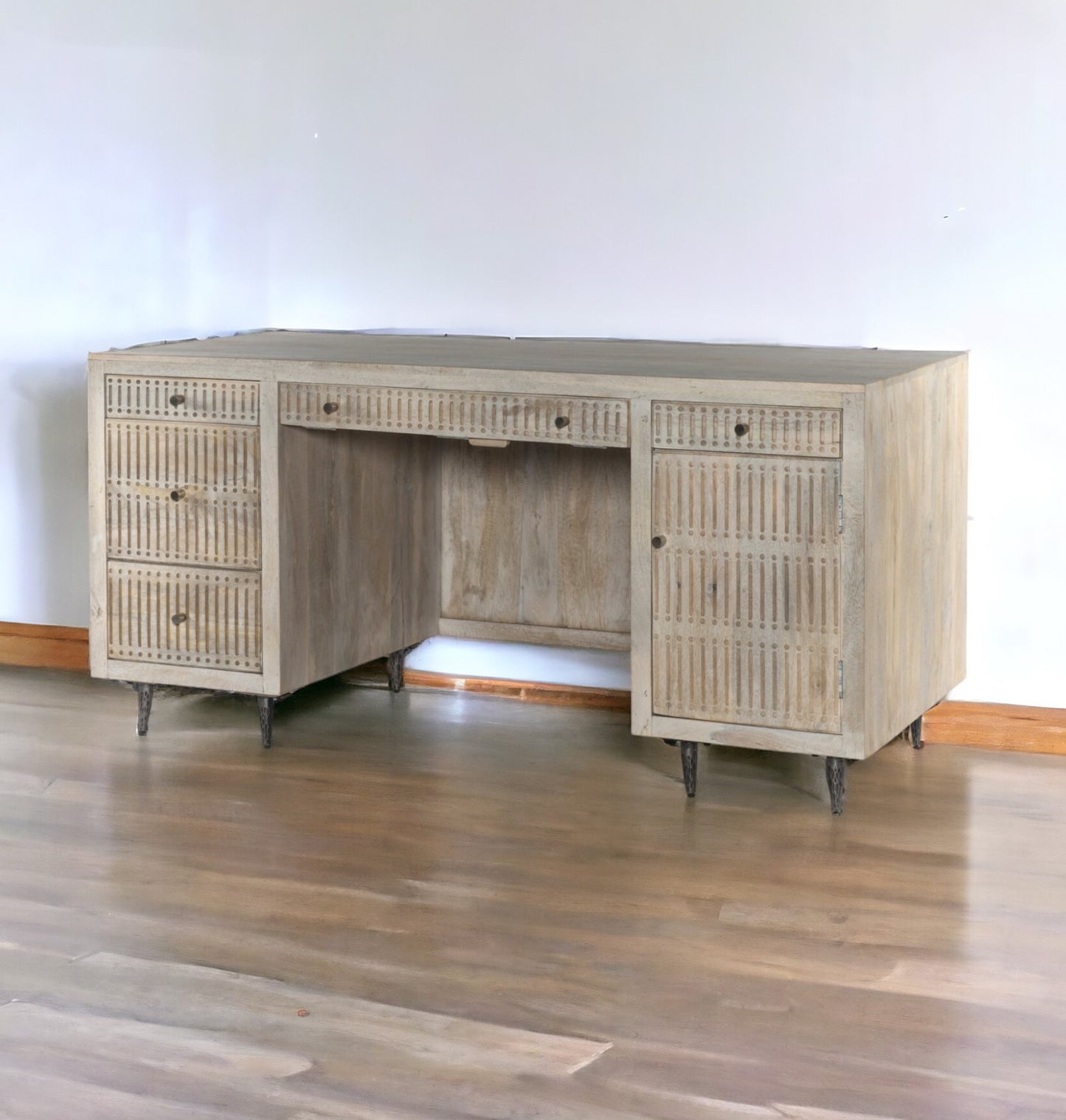 64" Ivory and Silver Solid Wood Executive Desk With Five Drawers