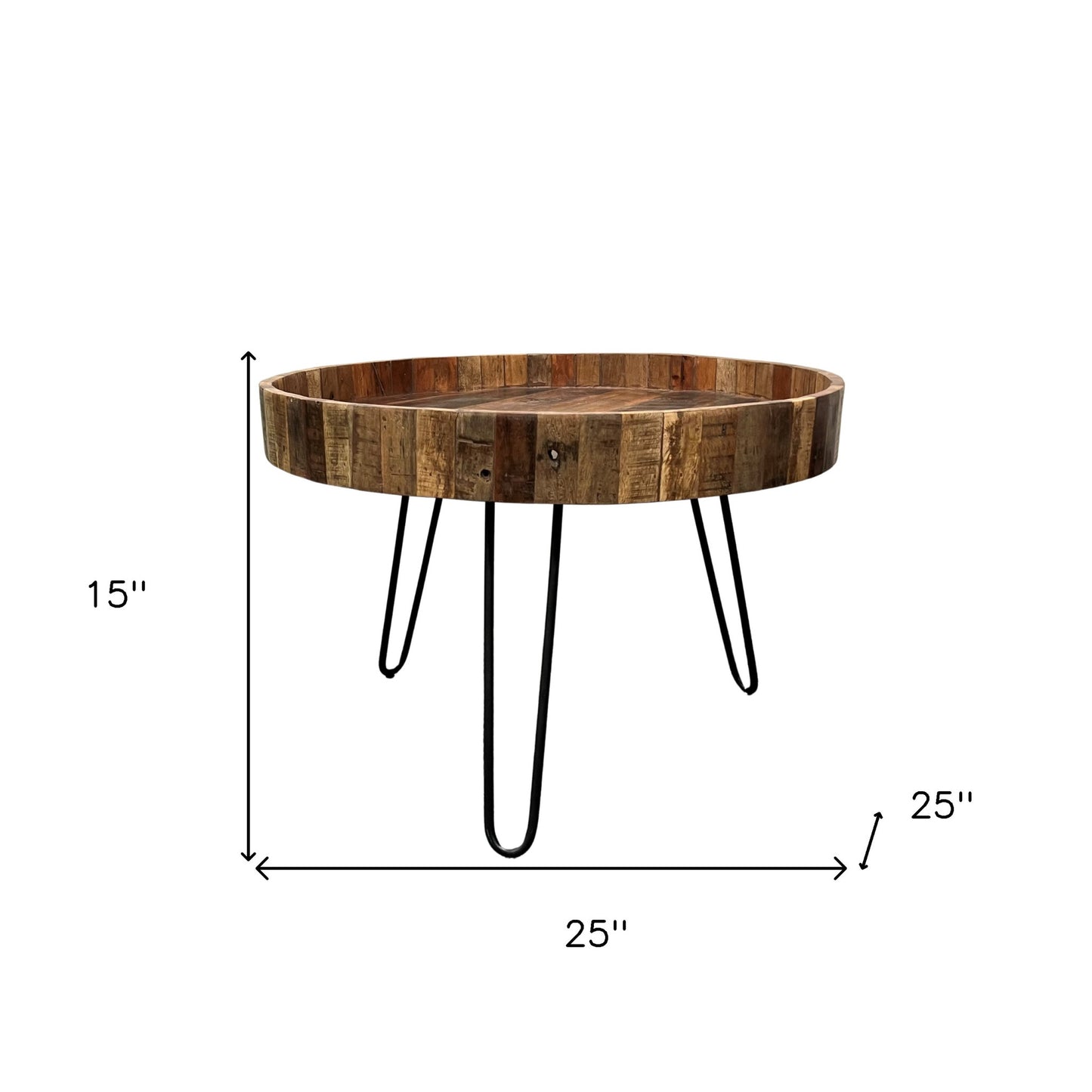 Set Of Two Black And Natural Brown Solid Wood And Iron Round End Tables