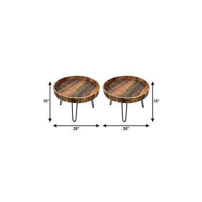 Set Of Two Black And Natural Brown Solid Wood And Iron Round End Tables