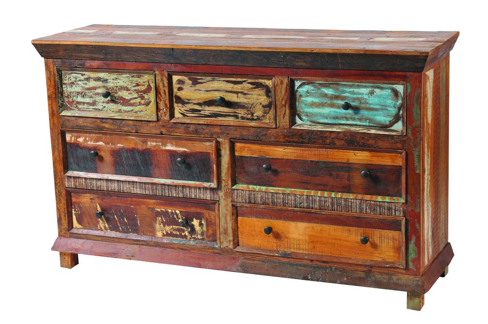 60" Brown Green And Mustard Solid Wood Seven Drawer Double Dresser