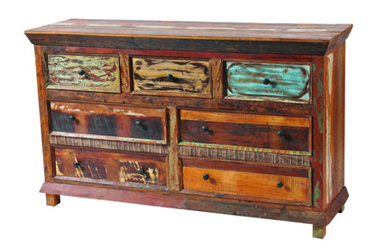 60" Brown Green And Mustard Solid Wood Seven Drawer Double Dresser