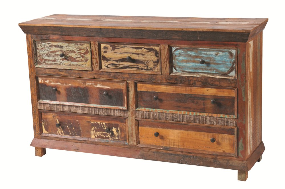 60" Brown Green And Mustard Solid Wood Seven Drawer Double Dresser