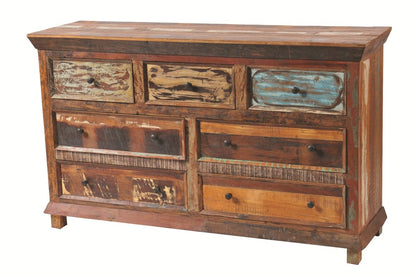 60" Brown Green And Mustard Solid Wood Seven Drawer Double Dresser