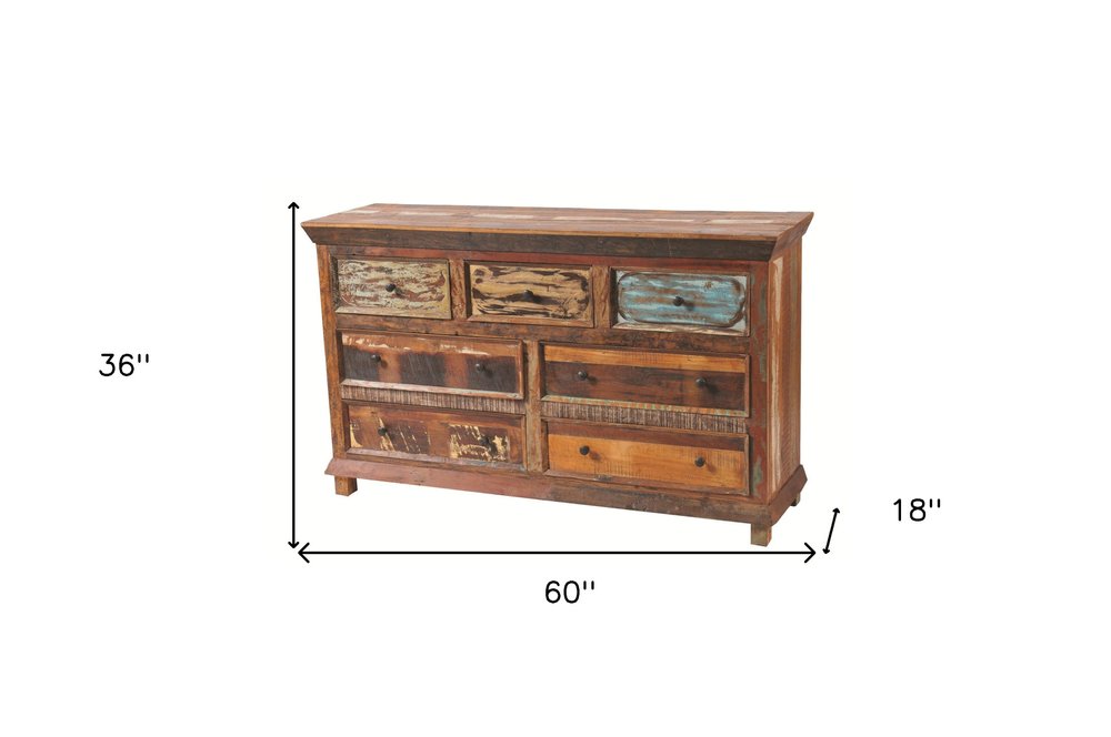 60" Brown Green And Mustard Solid Wood Seven Drawer Double Dresser