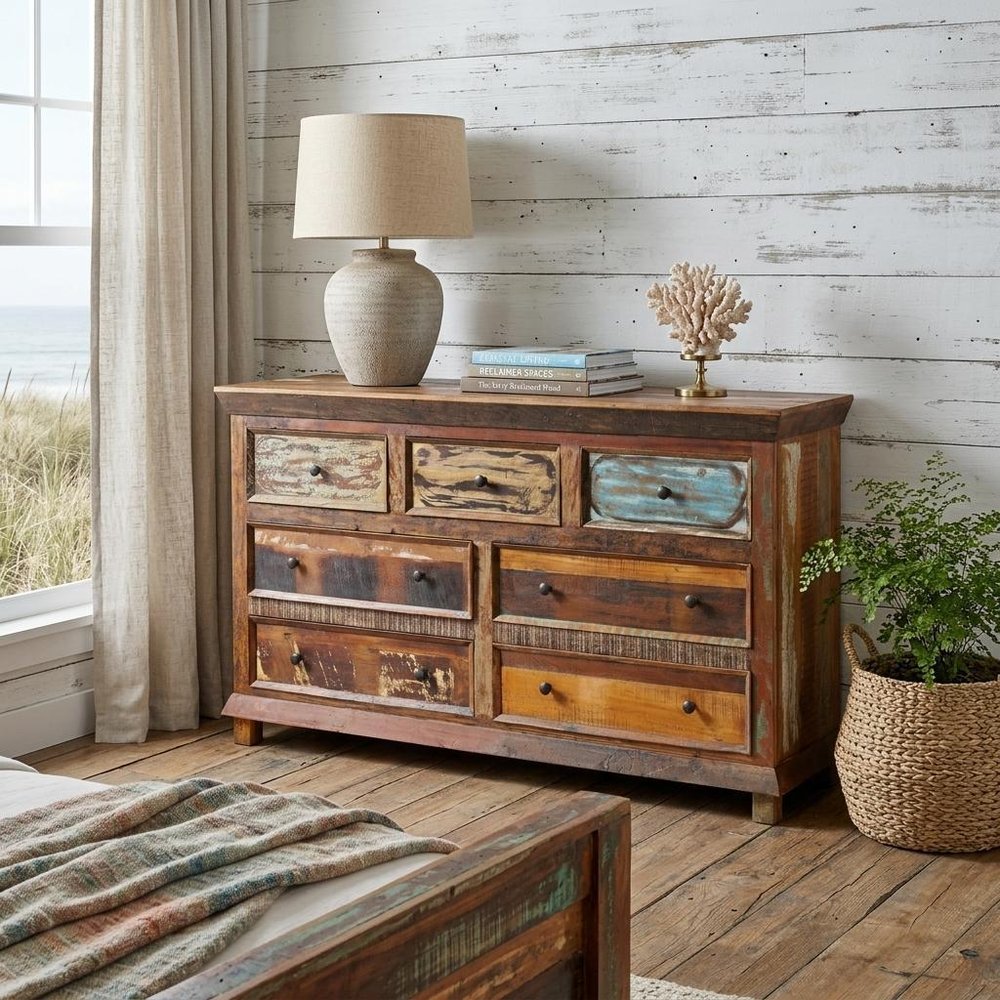 60" Brown Solid Wood Seven Drawer Triple Dresser