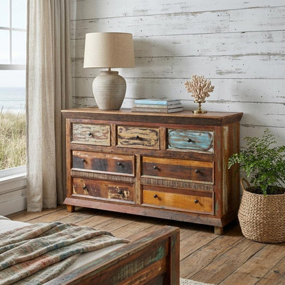 60" Brown Solid Wood Seven Drawer Triple Dresser