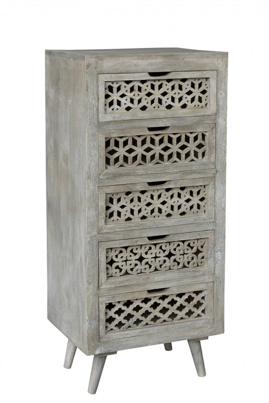 20" Gray Carved Geometric Solid Wood Five Drawer Dresser