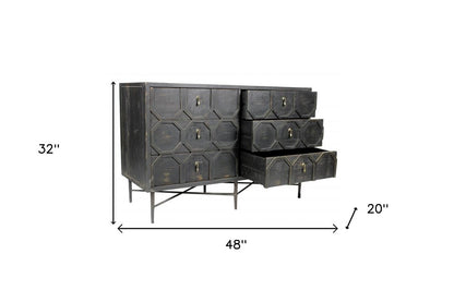48" Dark Brown Carved Geometric Solid Wood Six Drawer Double Dresser
