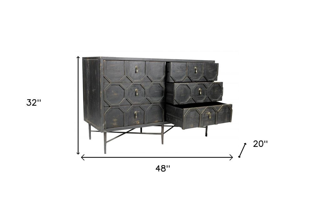 48" Dark Brown Carved Geometric Solid Wood Six Drawer Double Dresser