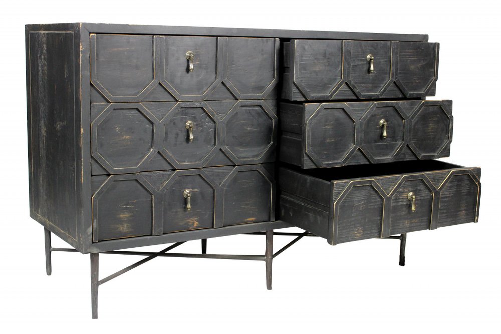 48" Dark Brown Carved Geometric Solid Wood Six Drawer Double Dresser