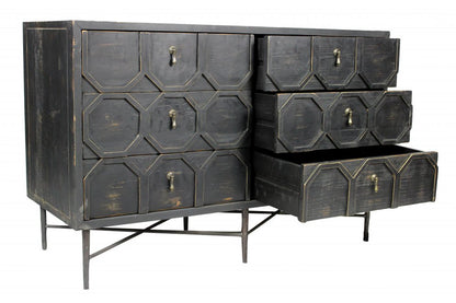 48" Dark Brown Carved Geometric Solid Wood Six Drawer Double Dresser