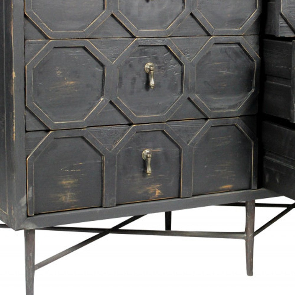 48" Dark Brown Carved Geometric Solid Wood Six Drawer Double Dresser