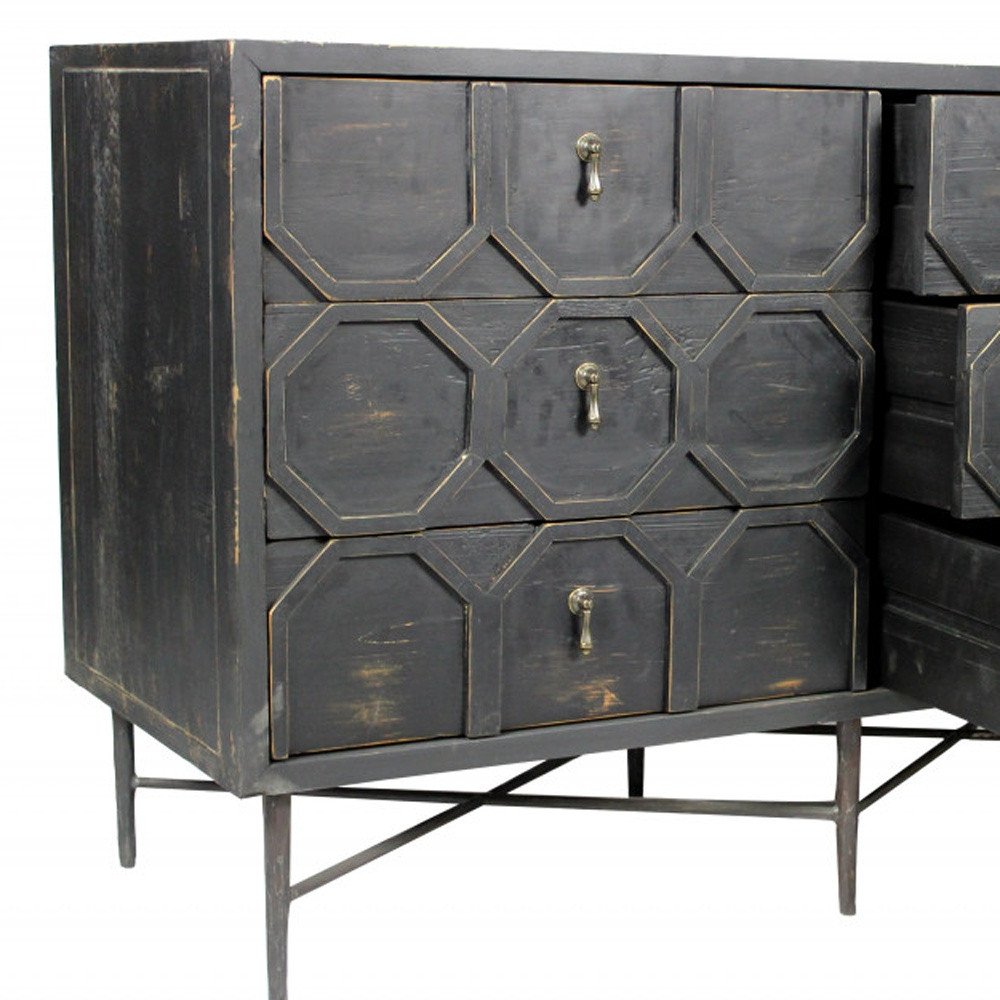 48" Dark Brown Carved Geometric Solid Wood Six Drawer Double Dresser