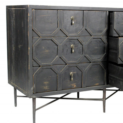 48" Dark Brown Carved Geometric Solid Wood Six Drawer Double Dresser
