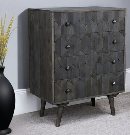 27" Gray Carved Geometric Solid Wood Four Drawer Dresser