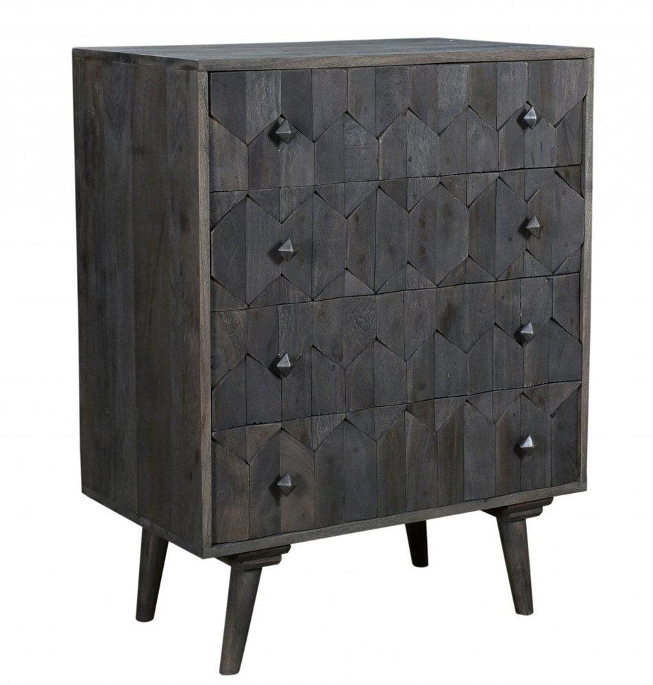 27" Gray Carved Geometric Solid Wood Four Drawer Dresser