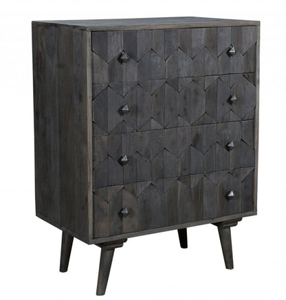 27" Gray Carved Geometric Solid Wood Four Drawer Dresser