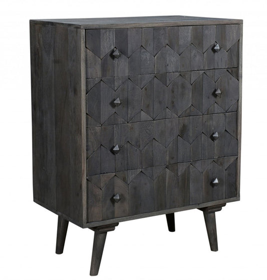 27" Gray Carved Geometric Solid Wood Four Drawer Dresser