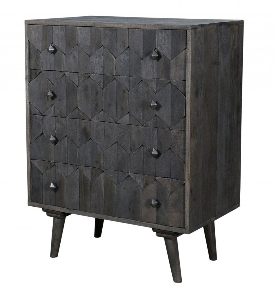 27" Gray Carved Geometric Solid Wood Four Drawer Dresser