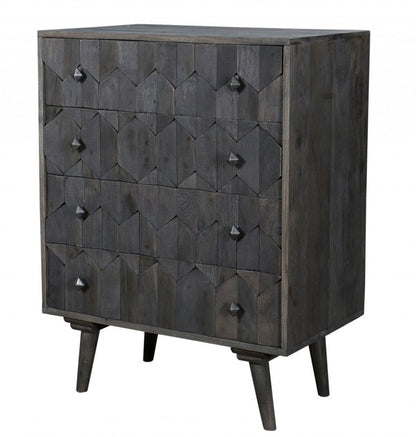 27" Gray Carved Geometric Solid Wood Four Drawer Dresser