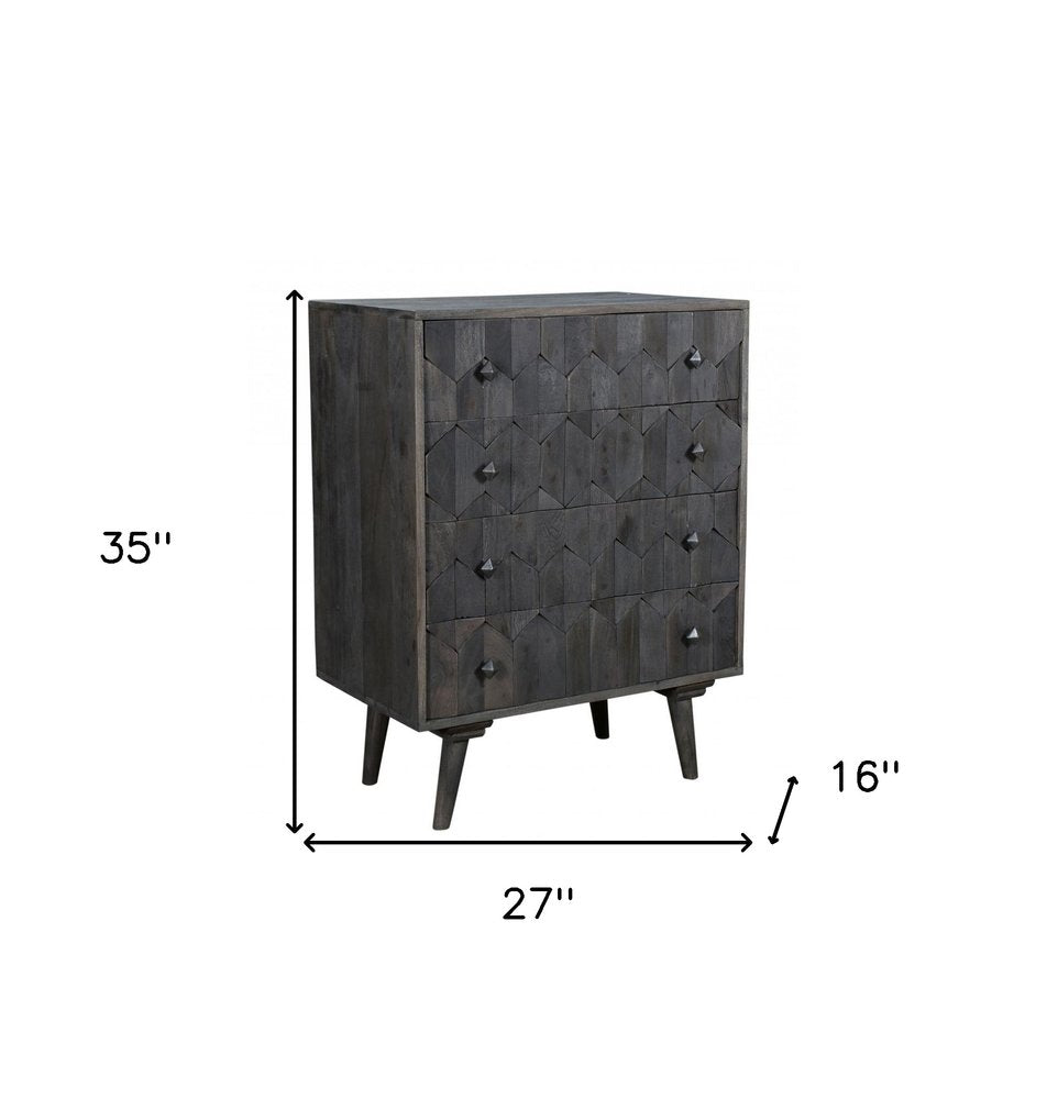 27" Gray Carved Geometric Solid Wood Four Drawer Dresser