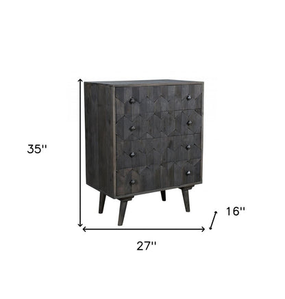 27" Gray Carved Geometric Solid Wood Four Drawer Dresser