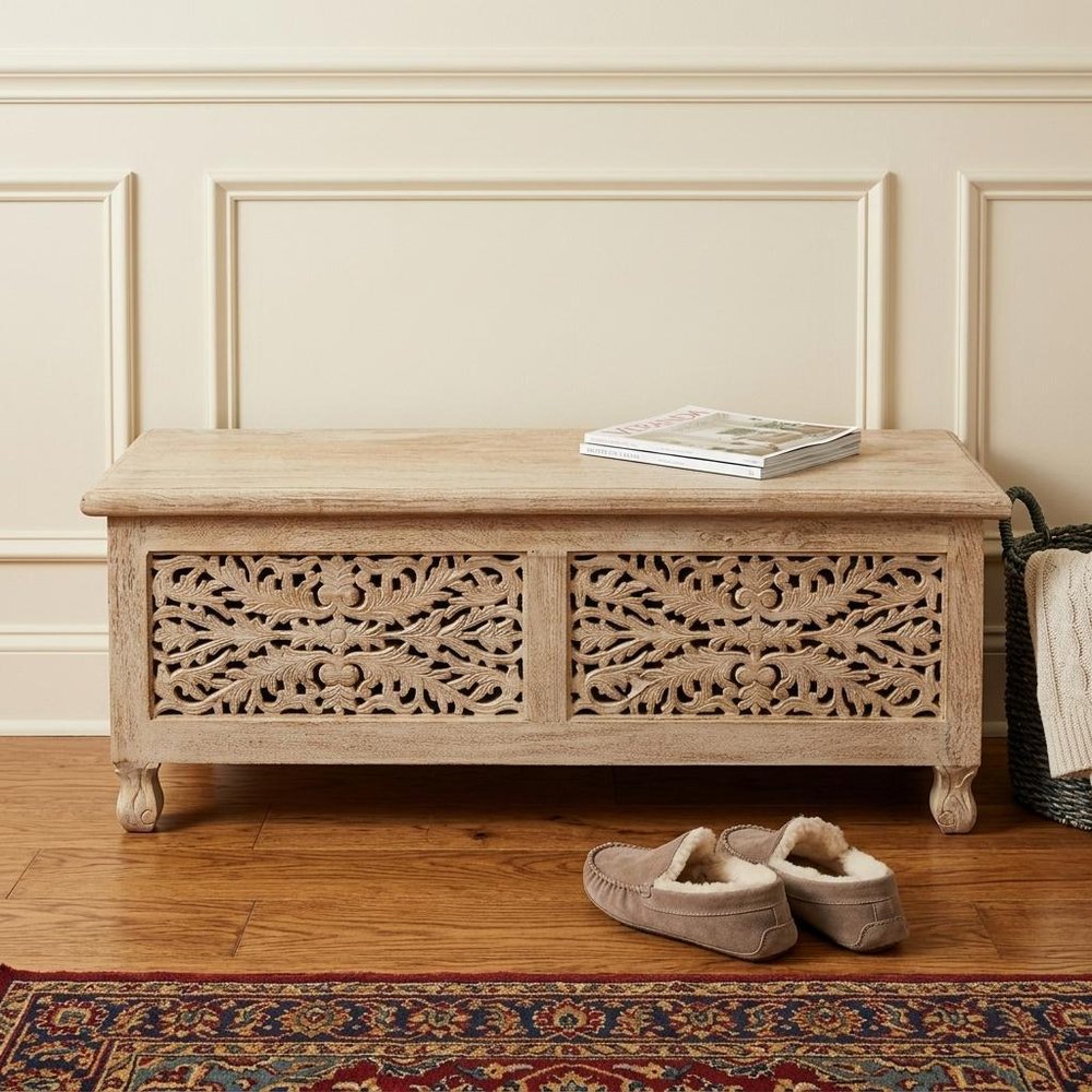 46" Antique White Solid Carved Wood Scroll Bench with Flip Top