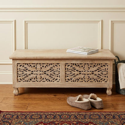46" Antique White Solid Carved Wood Scroll Bench with Flip Top