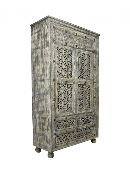 72" Gray Carved Geometric Solid Wood Two Door Three Drawer Combo Dresser
