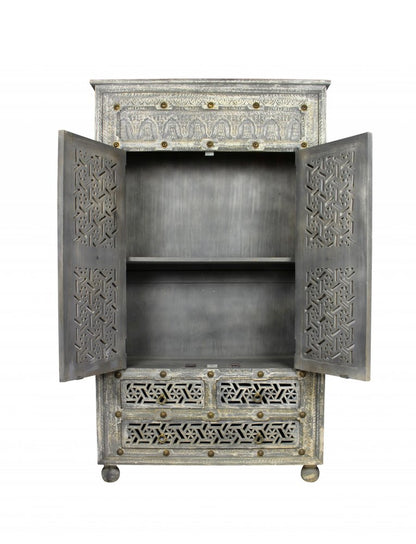 72" Gray Carved Geometric Solid Wood Two Door Three Drawer Combo Dresser