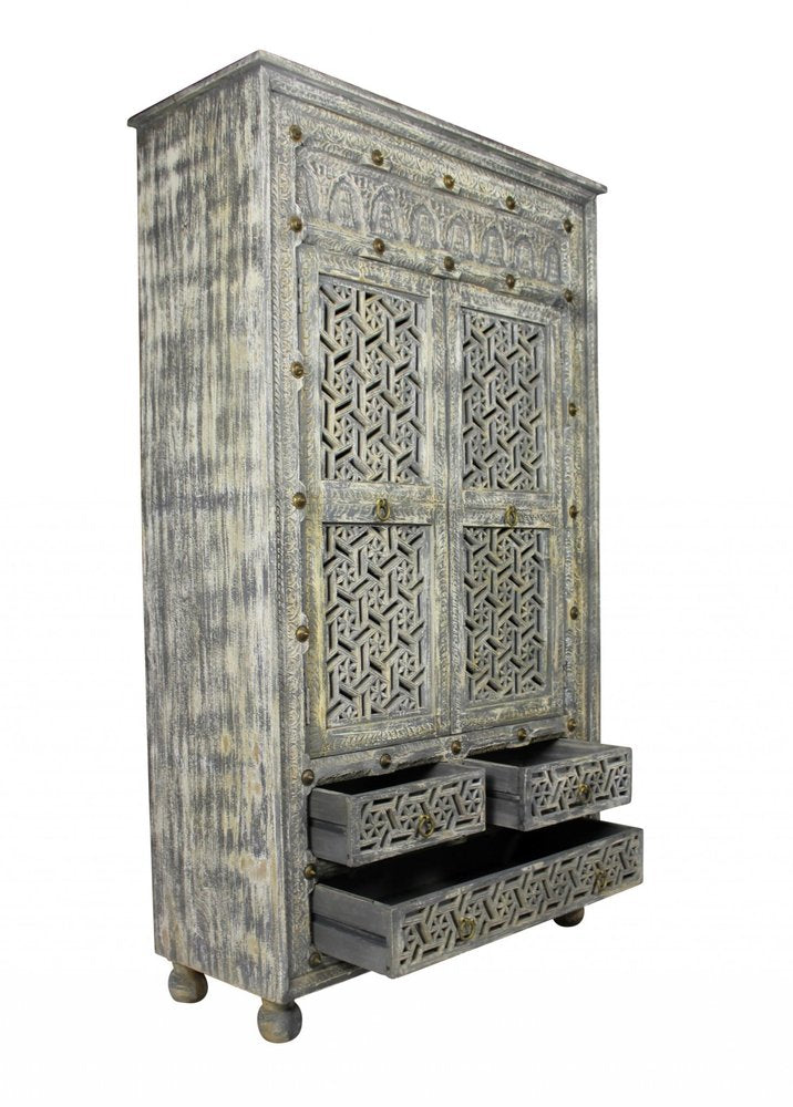72" Gray Carved Geometric Solid Wood Two Door Three Drawer Combo Dresser