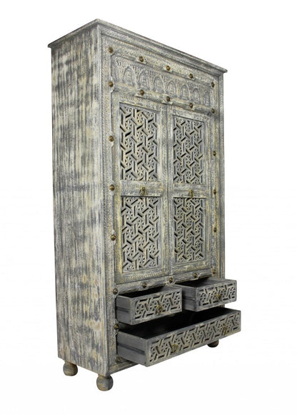 72" Gray Carved Geometric Solid Wood Two Door Three Drawer Combo Dresser