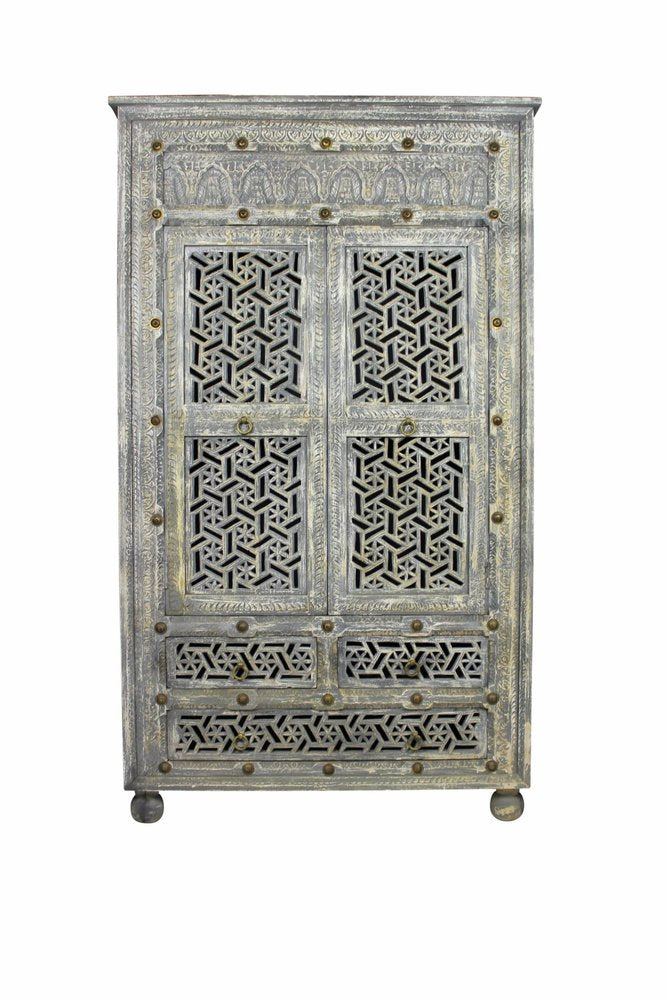 72" Gray Carved Geometric Solid Wood Two Door Three Drawer Combo Dresser