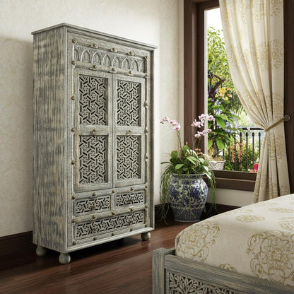 72" Gray Carved Geometric Solid Wood Two Door Three Drawer Combo Dresser